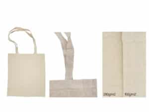 Un Totebag fin écru beige (150g/m²) est présenté sous différentes perspectives, accompagné d'une comparaison rapprochée des textures et grammages des tissus étiquetés 280g/m² et 150g/m².