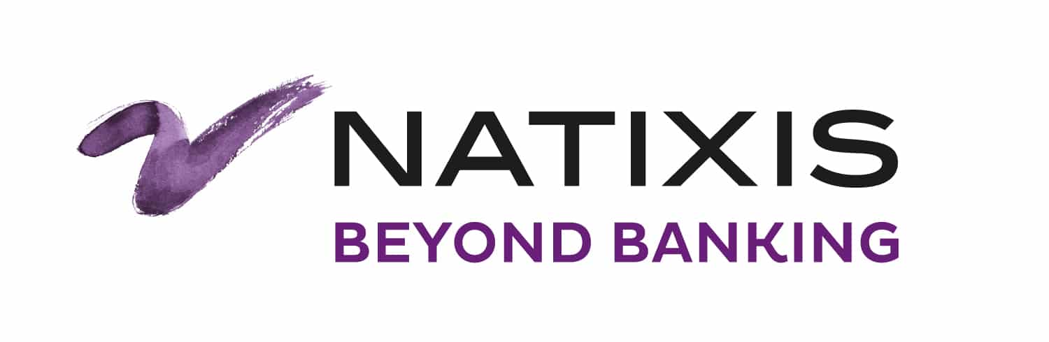 Logo de Natixis avec une coche violette et le slogan « Beyond Banking » en majuscules violettes sous le nom de la société.