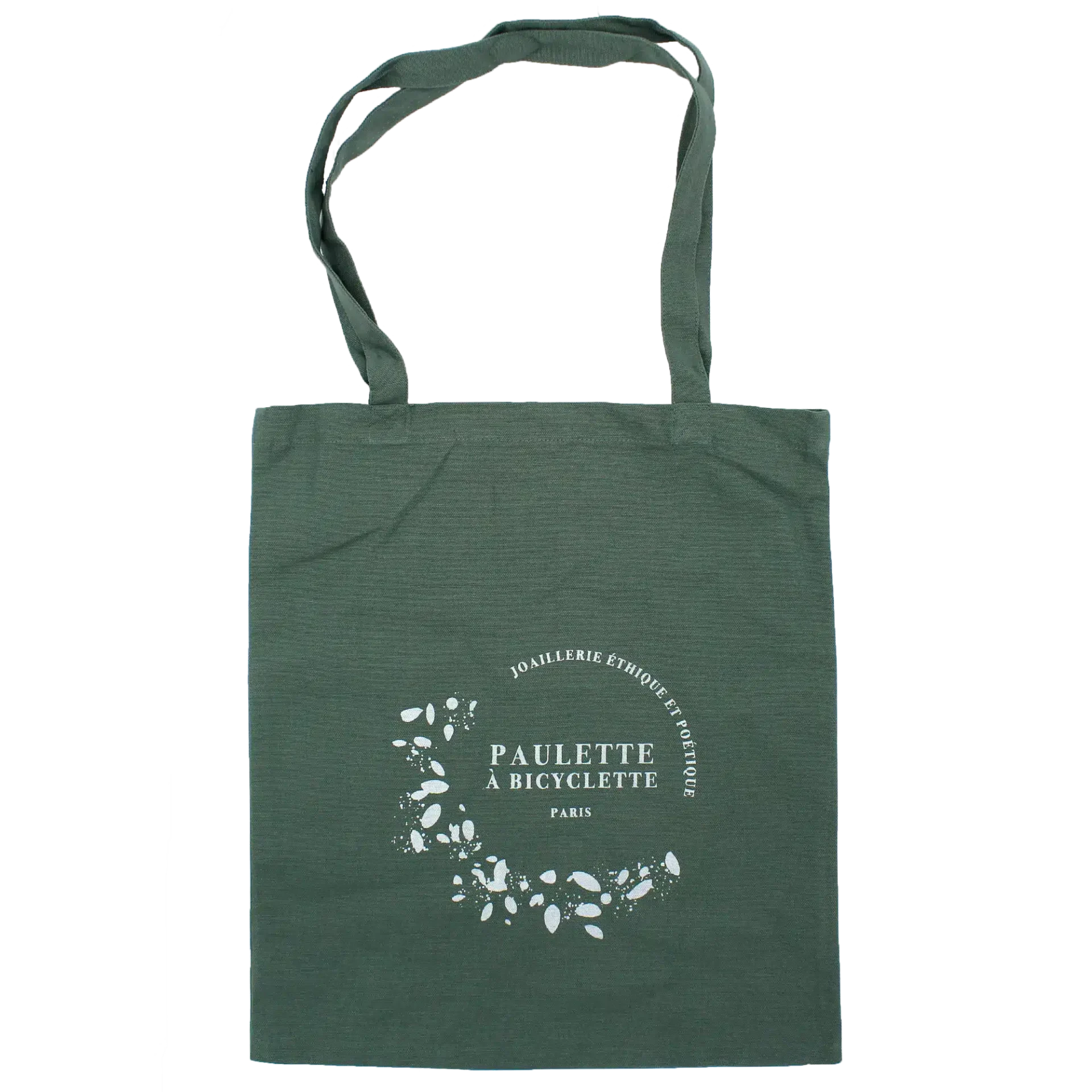 Sac cabas vert à longues anses, orné d'un graphisme floral blanc et des textes « Paulette à Bicyclette » et « Paris » sur le devant.