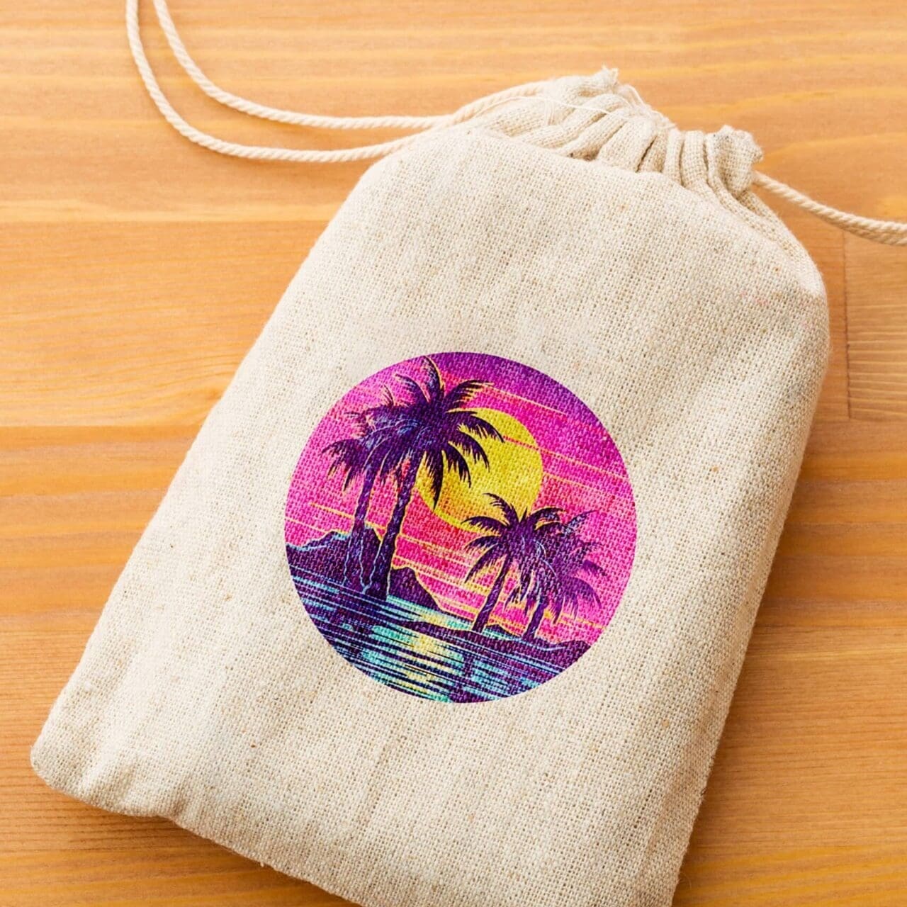 Un sac à cordon beige avec une image colorée de palmiers et d'un coucher de soleil, posé sur une surface en bois.
