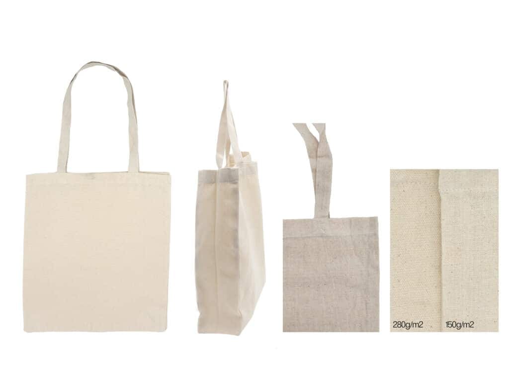 Image d'un cabas en toile beige, ou Cabas fin écru vertical (150g/m2), présentée sous les angles avant, latéral et supérieur, mettant en évidence des sections en gros plan qui affichent à la fois la texture et les différentes épaisseurs (280g/m2 et 150g/ m2) du matériau.