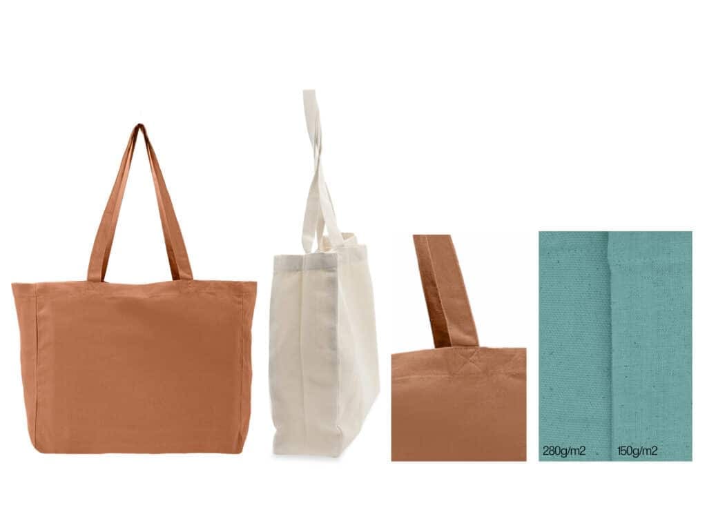 Image montrant deux sacs fourre-tout côte à côte : un de couleur rouille et un beige. Des vues rapprochées montrent les coutures et la texture du tissu de ces Cabas épais teinté horizontal (280g/m²). Deux échantillons de tissus indiquent des matières d'épaisseur 280g/m² et 150g/m², avec un dessin horizontal renforçant leur charme rustique.