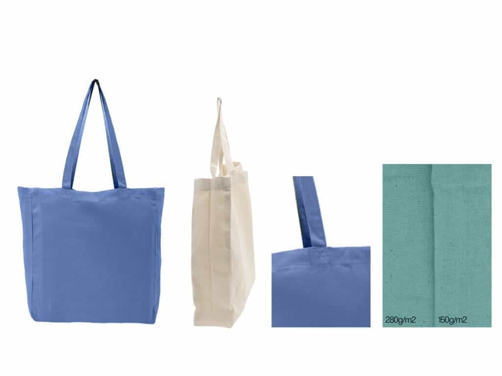 Une image présentant des sacs fourre-tout verticaux Cabas fin teinté bleu et blanc, présentant des vues de face et de côté. Il y a des vues rapprochées des points et du tissu du sac, étiquetés « 280 g/m2 » et « 150 g/m2 » pour indiquer le poids du tissu pour différentes sections.