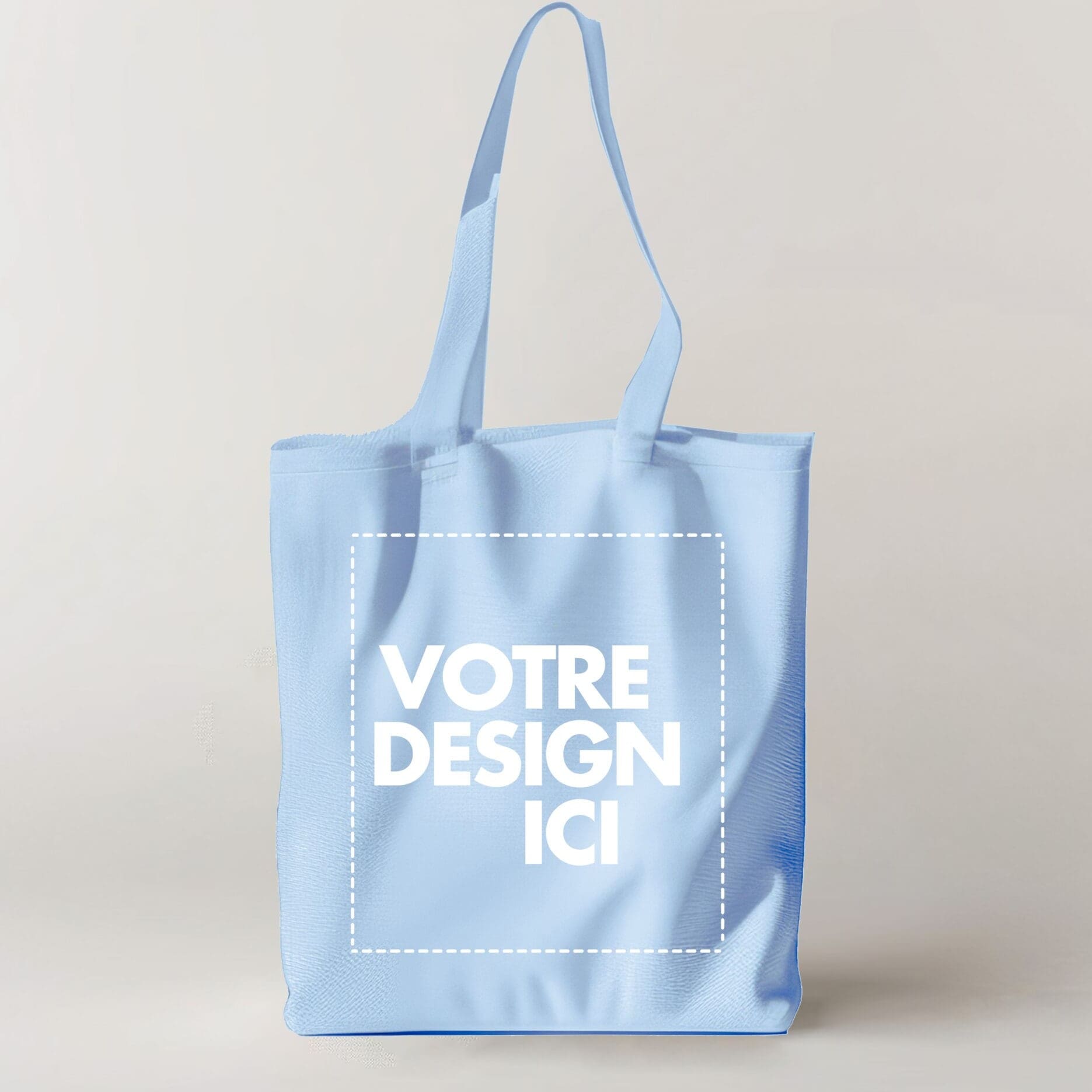Sac cabas bleu clair avec un design comportant un texte blanc en gras 
