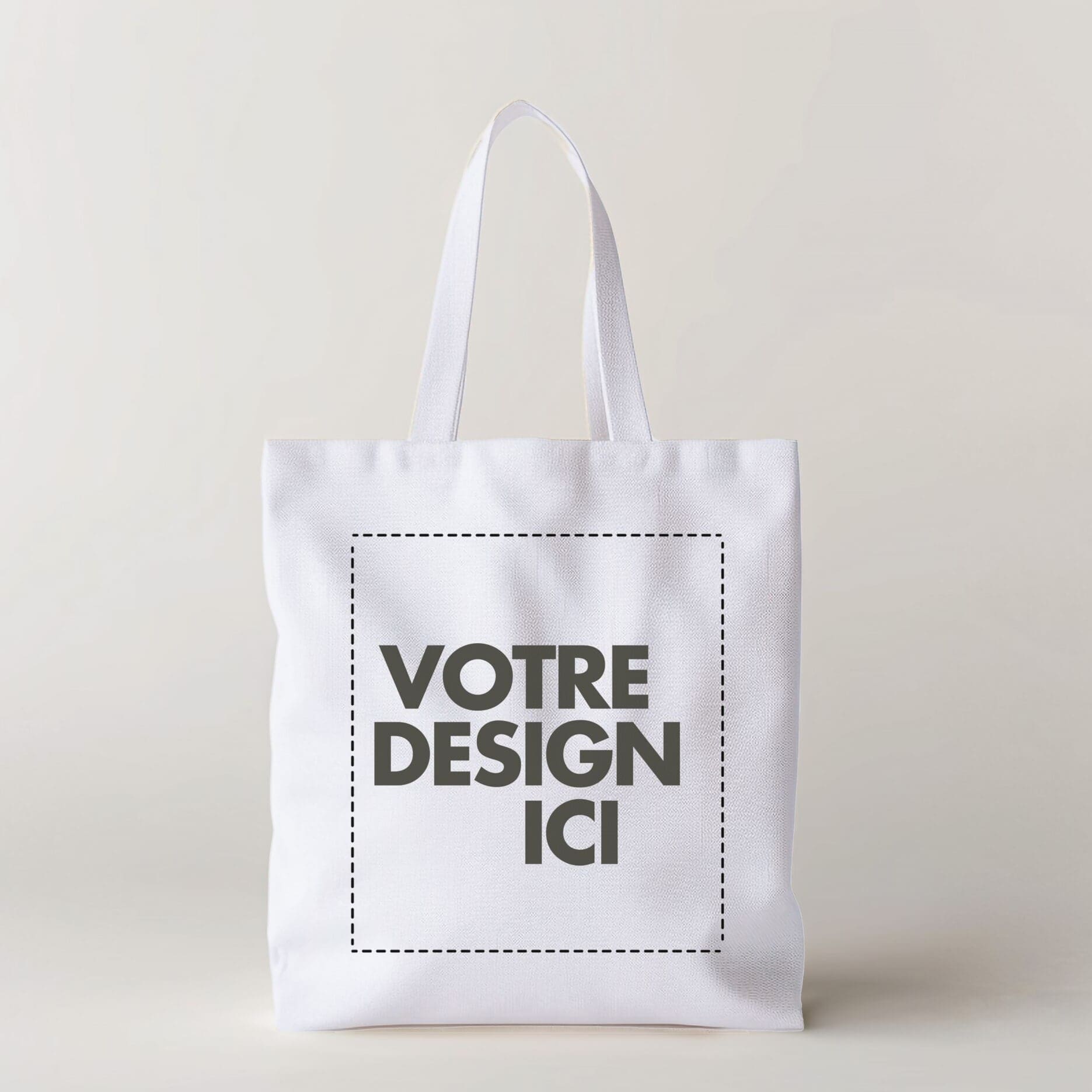 Totebag épais blanc (280g/m2) avec un carré pointillé et le texte 