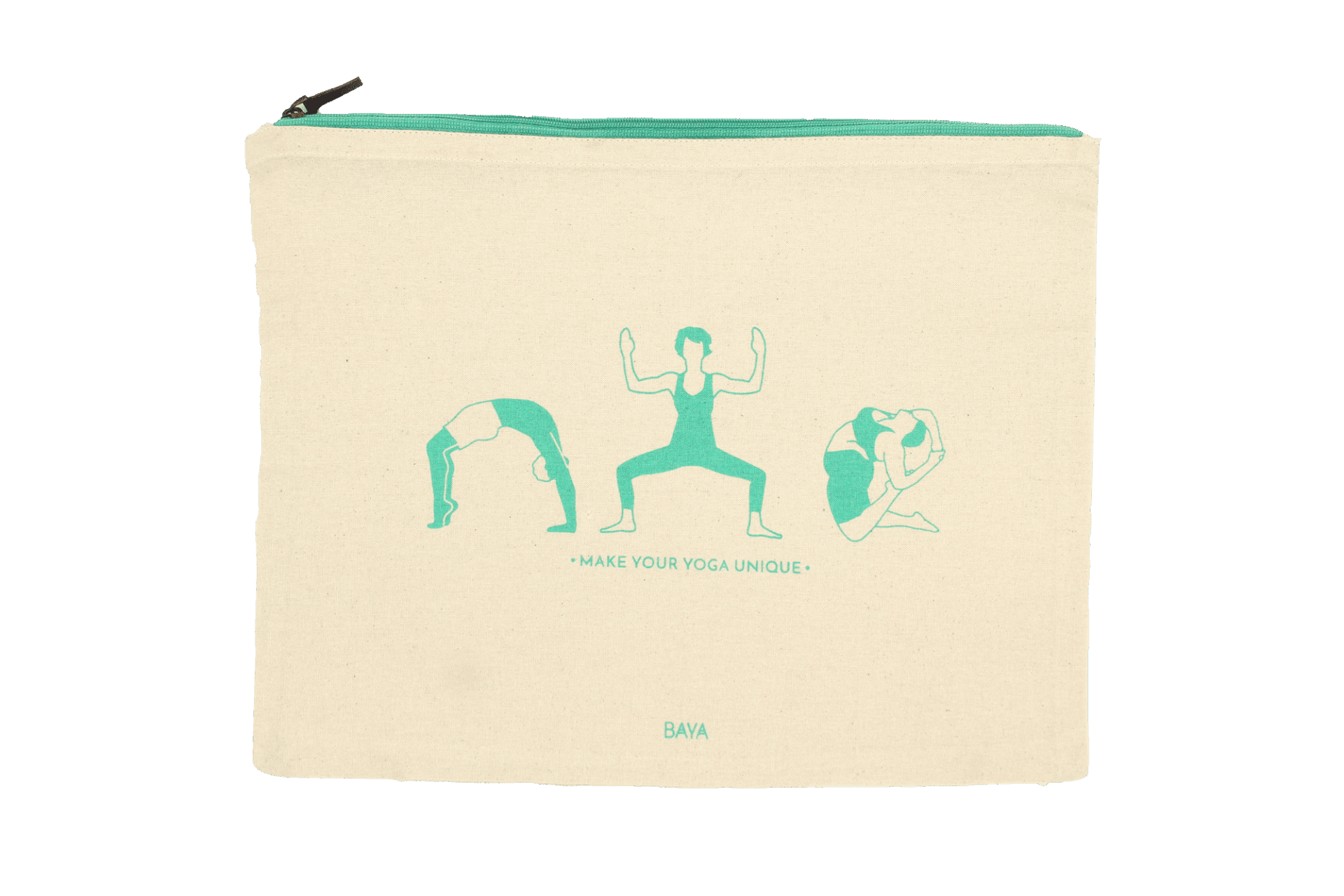 Une pochette beige avec une fermeture éclair verte comportant des illustrations de trois poses de yoga, ainsi que le texte « MAKE YOUR YOGA UNIQUE » en vert.