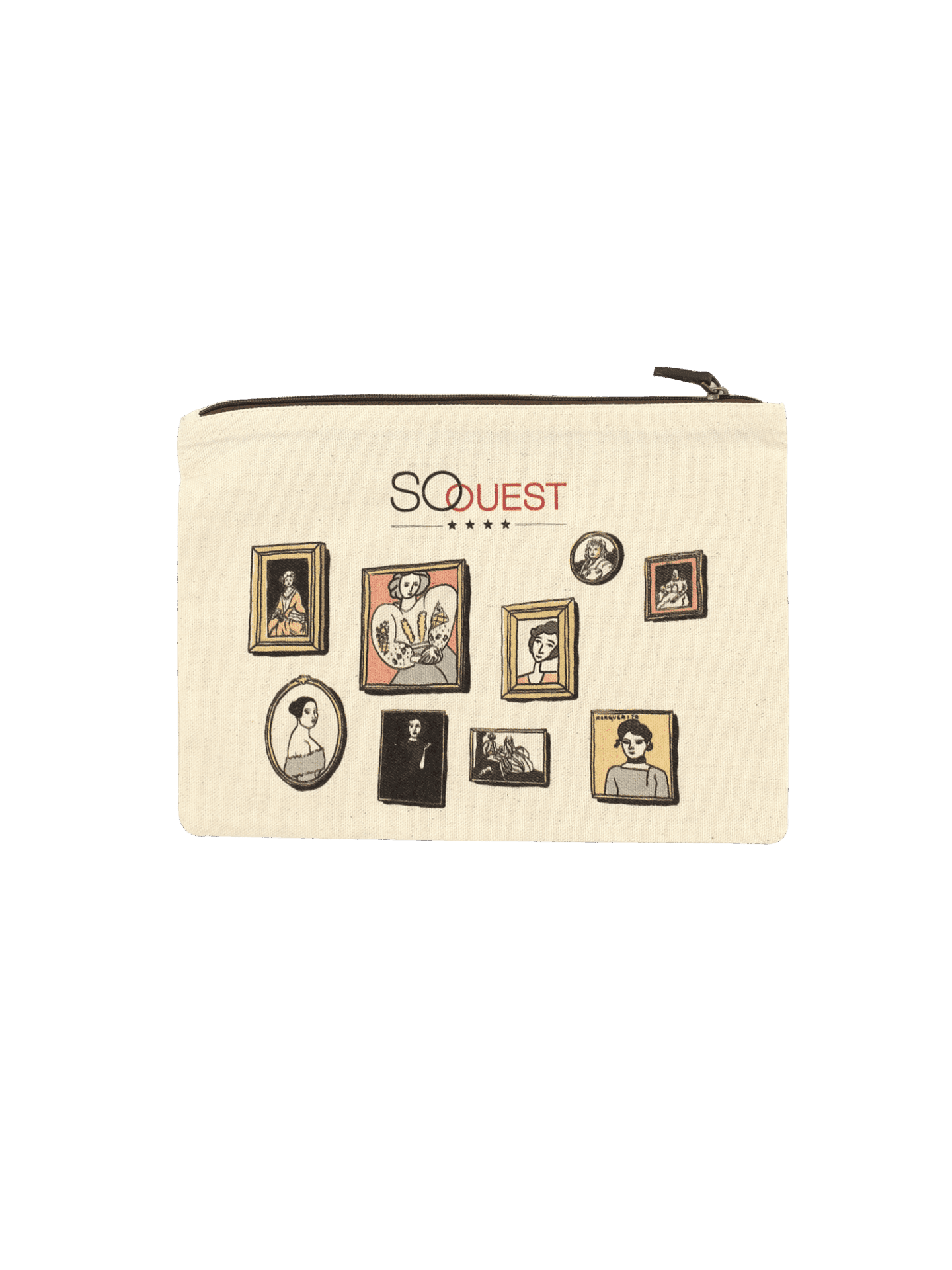 Une pochette zippée beige sur laquelle est écrit « SOUVENIR » et « SOUQ », comportant des illustrations de divers portraits encadrés sur sa face avant.
