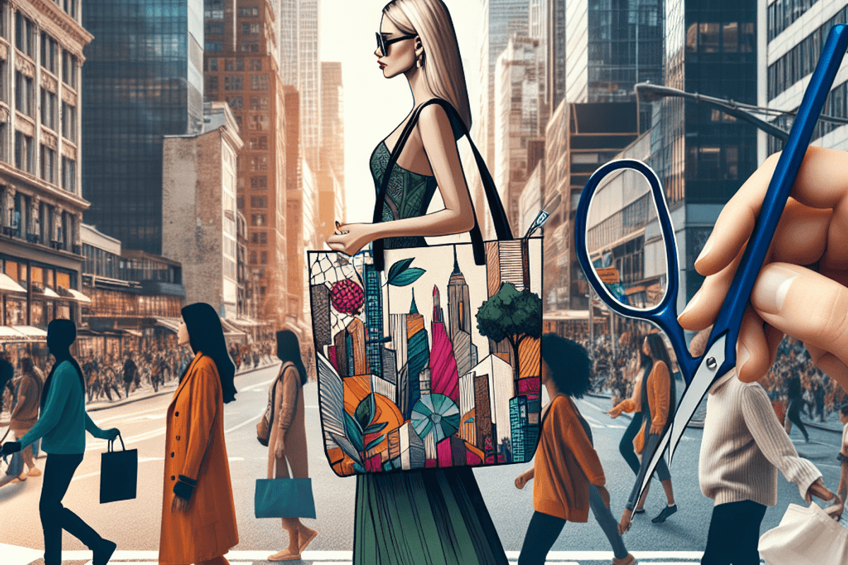 Un sac fourre-tout vibrant et au design unique, avec des éléments de mode contemporaine, porté de manière proéminente par une femme caucasienne dans u